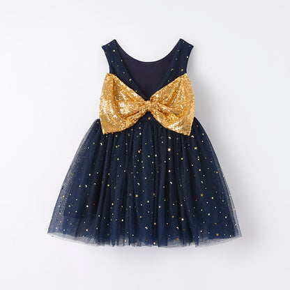 Girls Summer July 4th Gold Sequins Bow Navy Tulle Dress