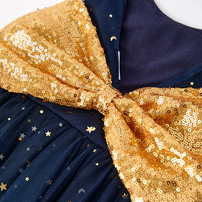 Girls Summer July 4th Gold Sequins Bow Navy Tulle Dress