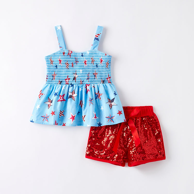 Girls July 4th Star Smocked Red Sequins Short Set