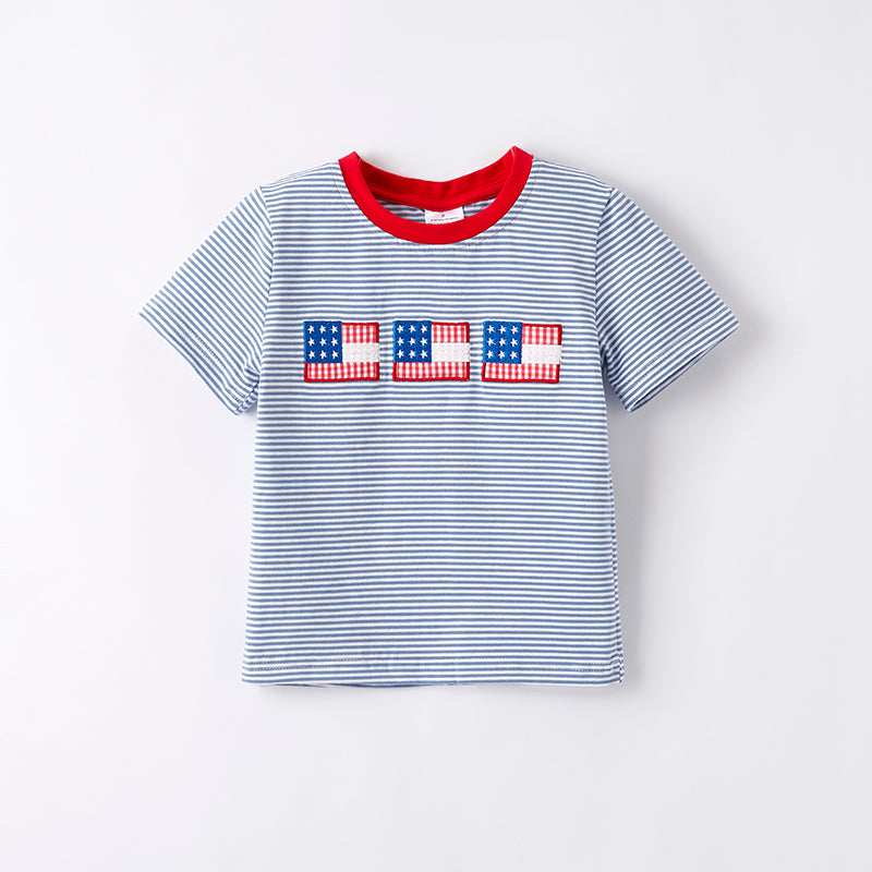Boys July 4th Flag Embroidered Blue Stripes Cotton T-shirt