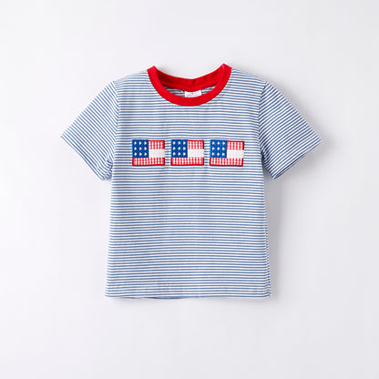 Boys July 4th Flag Embroidered Blue Stripes Cotton T-shirt