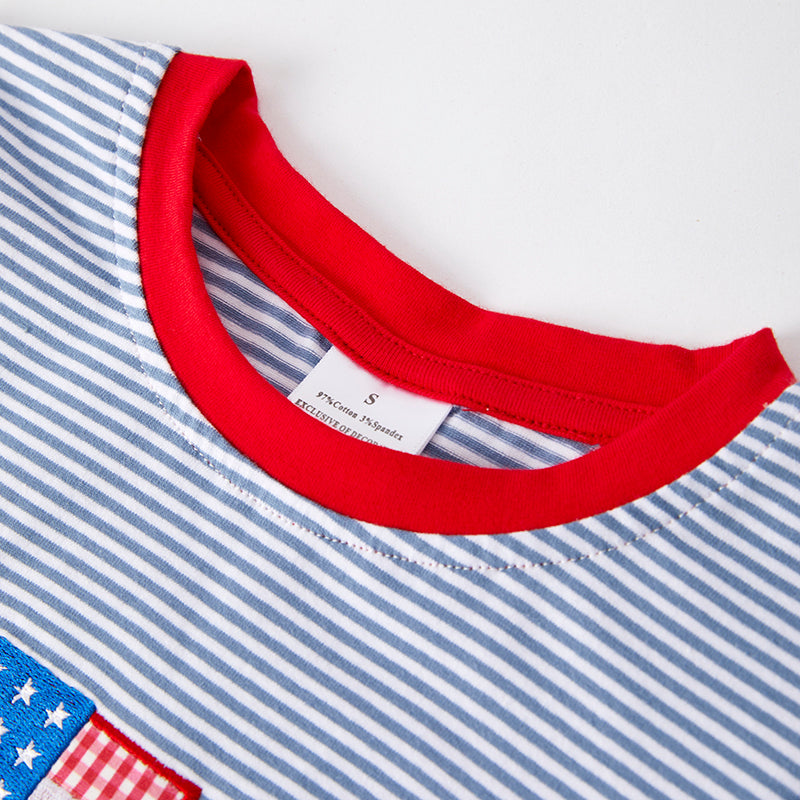 Boys July 4th Flag Embroidered Blue Stripes Cotton T-shirt