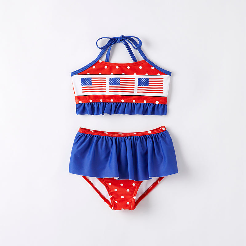 2 Pieces Girls July 4th Red Blue USA Flag Swimsuit Set