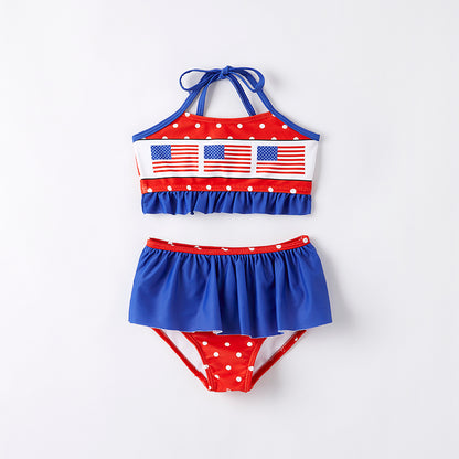 2 Pieces Girls July 4th Red Blue USA Flag Swimsuit Set