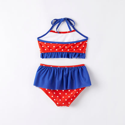 2 Pieces Girls July 4th Red Blue USA Flag Swimsuit Set