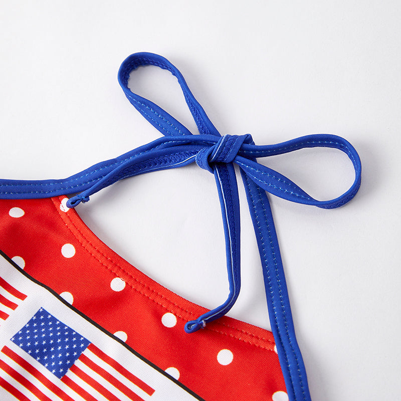 2 Pieces Girls July 4th Red Blue USA Flag Swimsuit Set