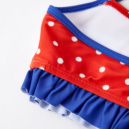 2 Pieces Girls July 4th Red Blue USA Flag Swimsuit Set