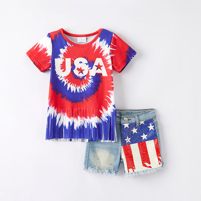 Girls July 4th Red Blue Tie-Dye USA Tassel Denim Short Set