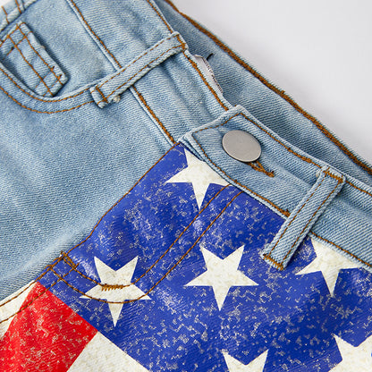 Girls July 4th Red Blue Tie-Dye USA Tassel Denim Short Set