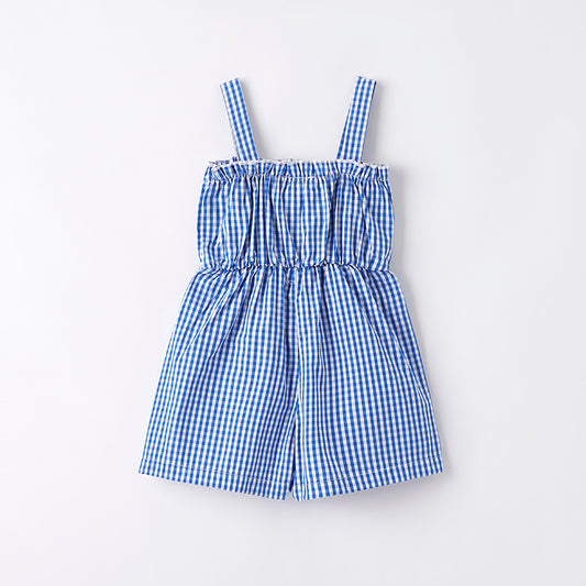 Girls July 4th Blue Plaid Flag Bow Jumpsuit
