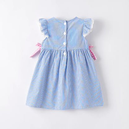 Girls Back To School Blue Stripes Pencil Applique Dress