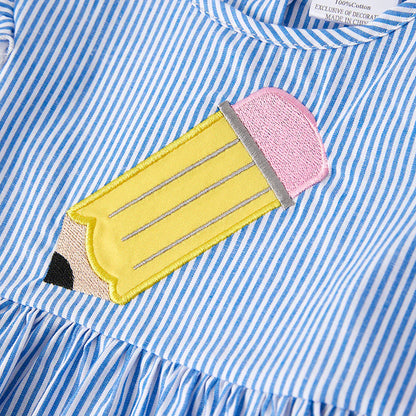 Girls Back To School Blue Stripes Pencil Applique Dress