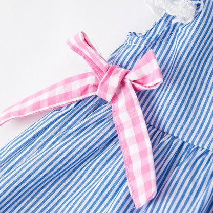 Girls Back To School Blue Stripes Pencil Applique Dress