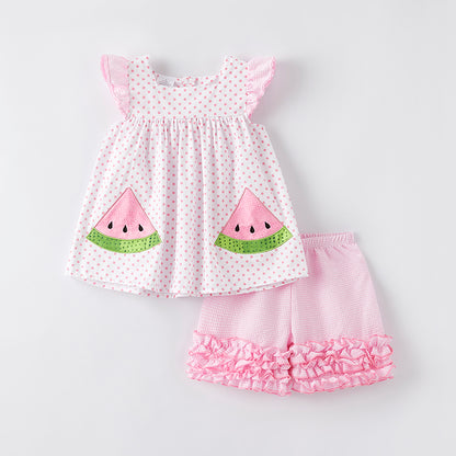 Girls Summer Watermelon Applique Pink Ruffled Short Set