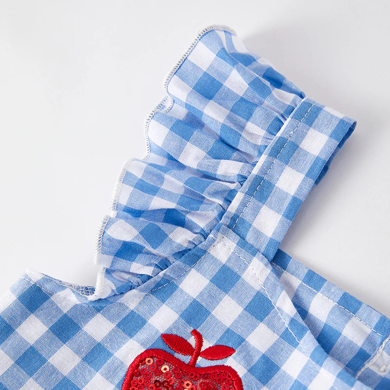 Girls Back To School Blue Plaid Sequins Apple Dress