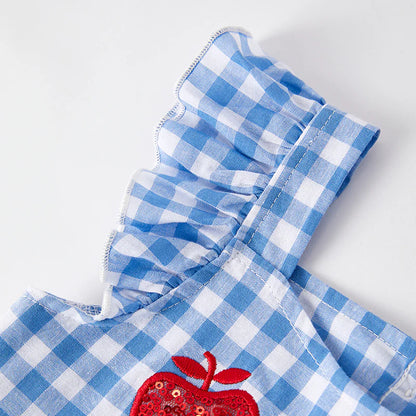 Girls Back To School Blue Plaid Sequins Apple Dress