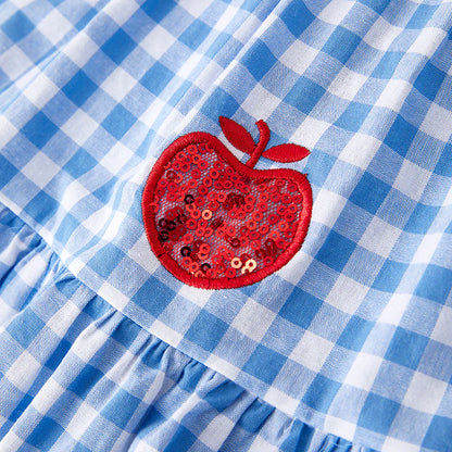 Girls Back To School Blue Plaid Sequins Apple Dress