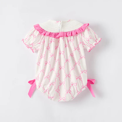 Baby Summer Pink Bow Smocked Embroidered Bubbles Romper