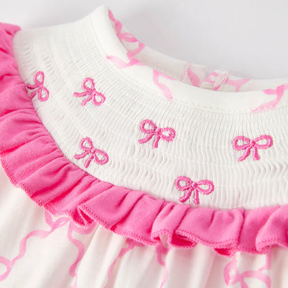 Baby Summer Pink Bow Smocked Embroidered Bubbles Romper