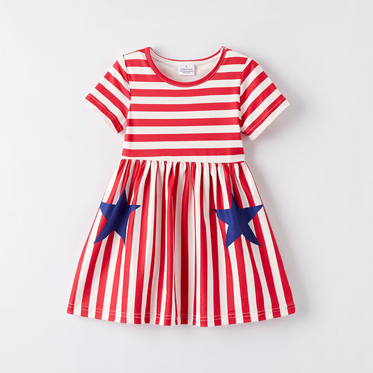 Girls July 4th Red Stripes Blue Star Twirl Dress