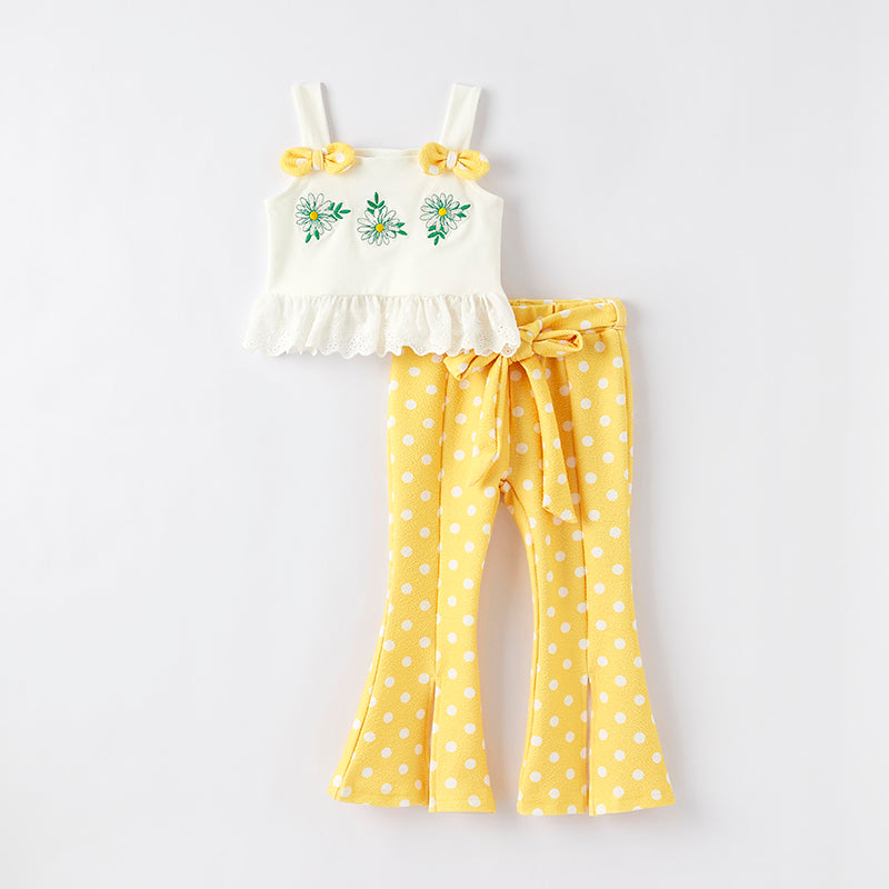 Girls Summer Yellow Dot Pant Lace Floral Embroidered Top Set