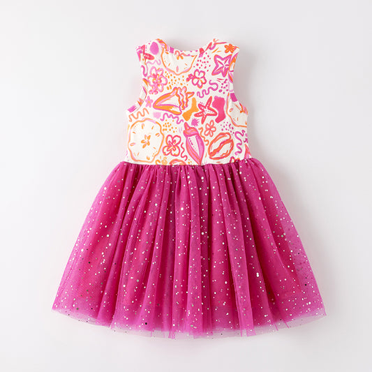 Girls Summer Sea Themed Print Hot Pink Tulle Dress