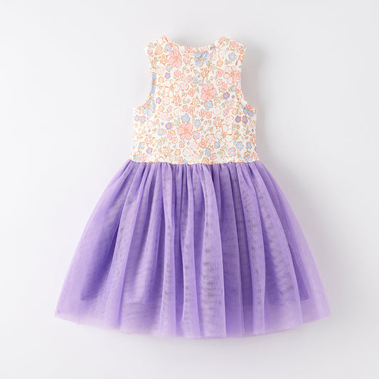 Girls Summer Floral Print Lavender Tulle Dress