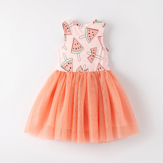 Girls Summer Watermelon Popsicle Coral Tulle Dress