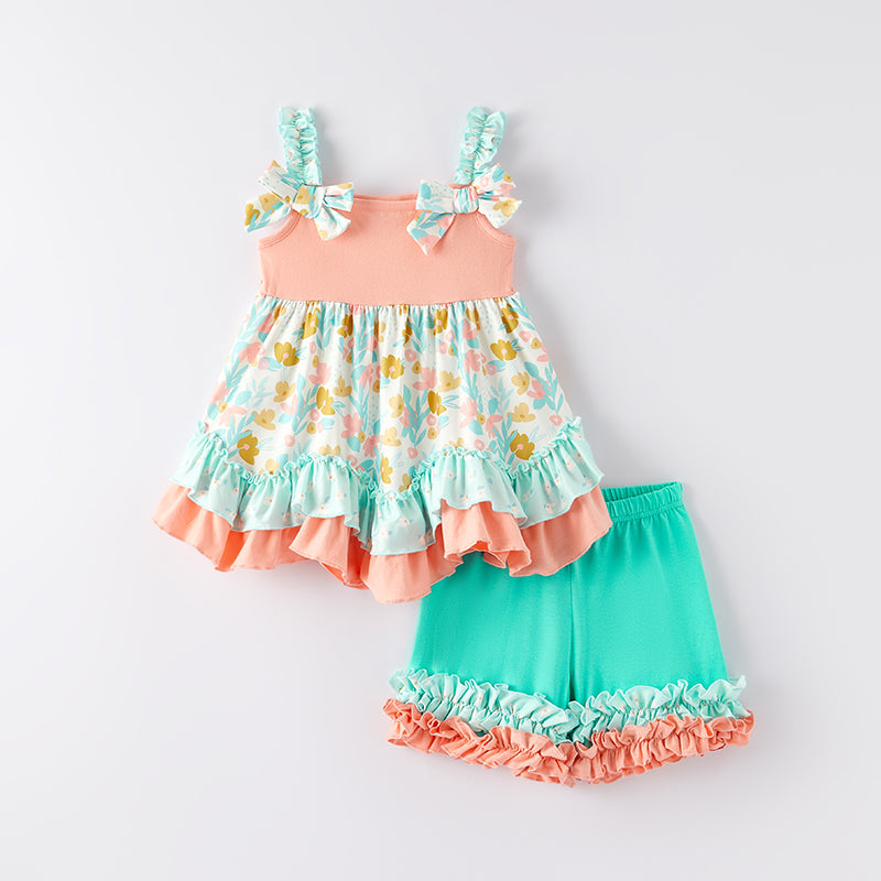 Summer Girls Coral Mint Floral Ruffled Short Set