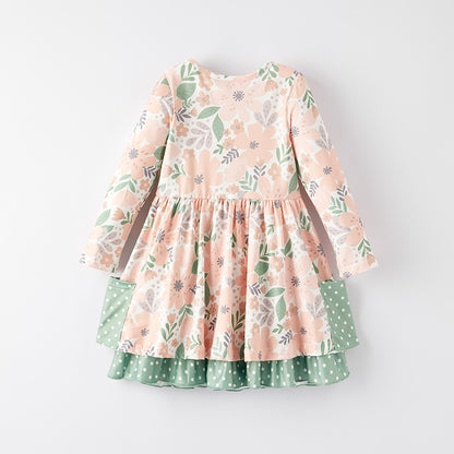 Girls Fall Autumn Leave Print  Ruffled Long Sleeves Dress