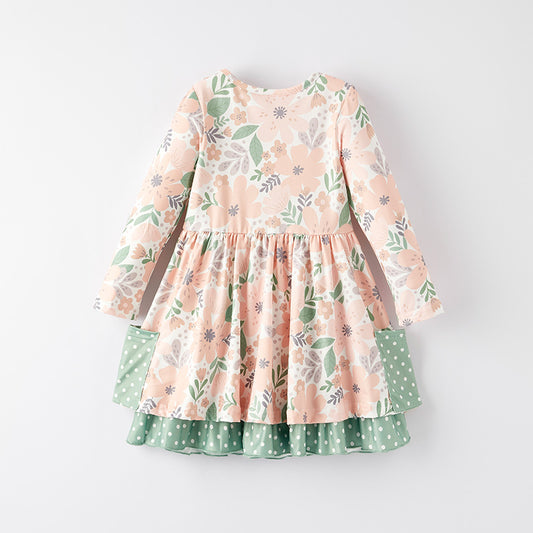 Girls Fall Autumn Leave Print  Ruffled Long Sleeves Dress