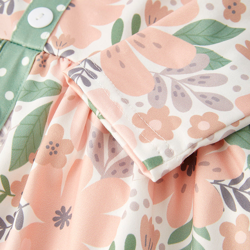 Girls Fall Autumn Leave Print  Ruffled Long Sleeves Dress