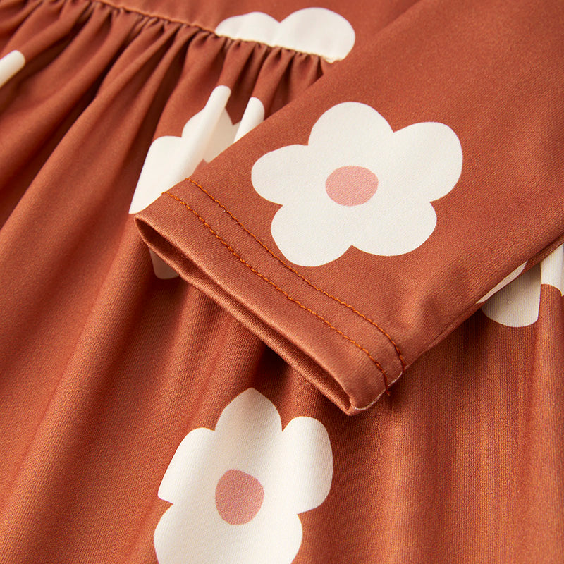 Girls Fall Autumn Brown Flower Long Sleeves Dress