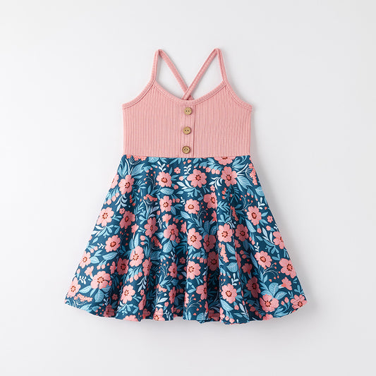 Girls Summer Pink Navy Print Slip Dress