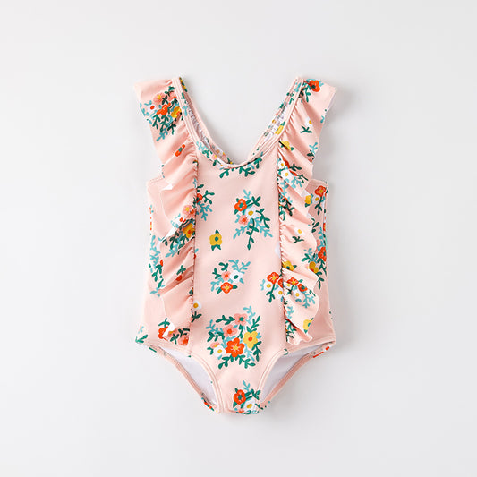Girls Summer Beach Pink Floral Print Swimwear