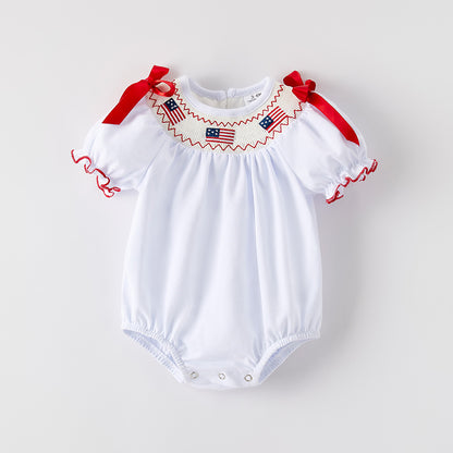 Baby Girls July 4th Flag Smocked Embroidered Bubble Romper