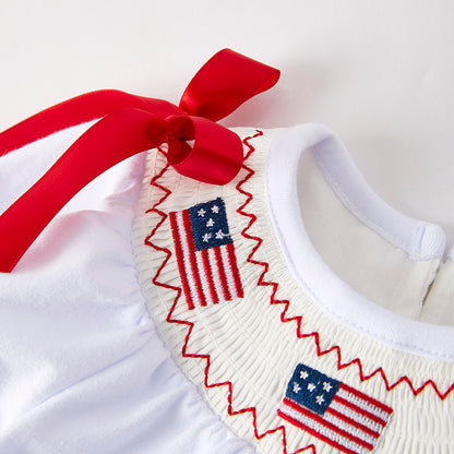 Baby Girls July 4th Flag Smocked Embroidered Bubble Romper