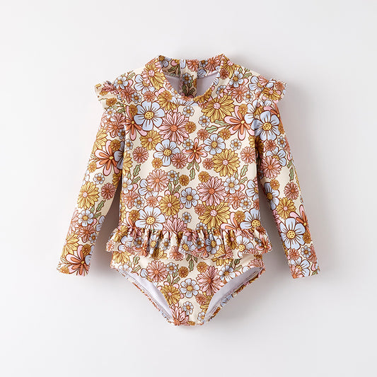 Girls One-Piece Long Sleeves Sunflower Print Swimwear
