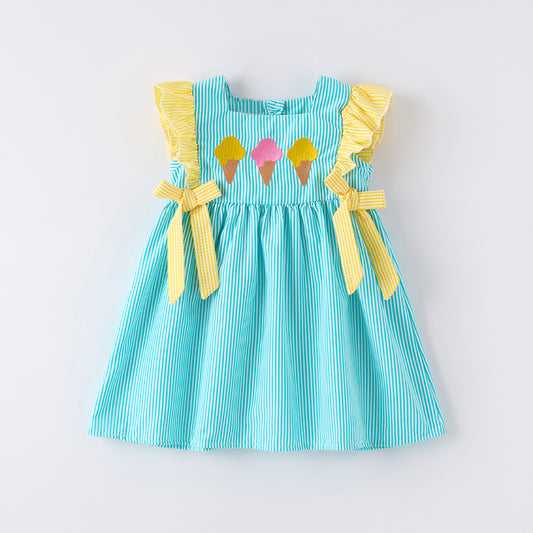 Girls Summer Ice-Cream Embroidered Yellow Teal Stripes Dress