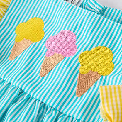 Girls Summer Ice-Cream Embroidered Yellow Teal Stripes Dress