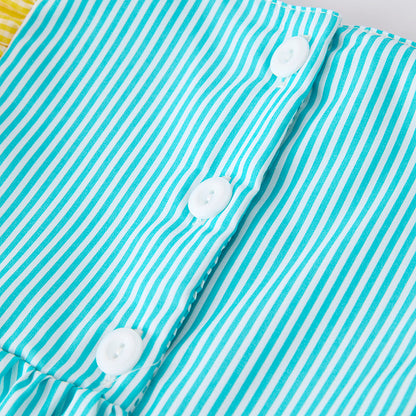 Girls Summer Ice-Cream Embroidered Yellow Teal Stripes Dress