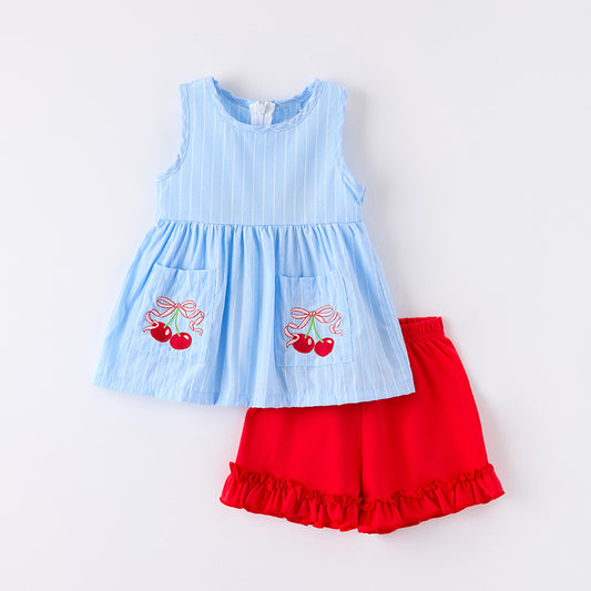 Girls Summer Cherry Embroidered Pocket Blue Red Short Set