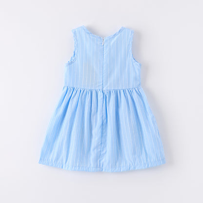 Girls Summer Cherry Embroidered Pocket Blue Stripes Dress
