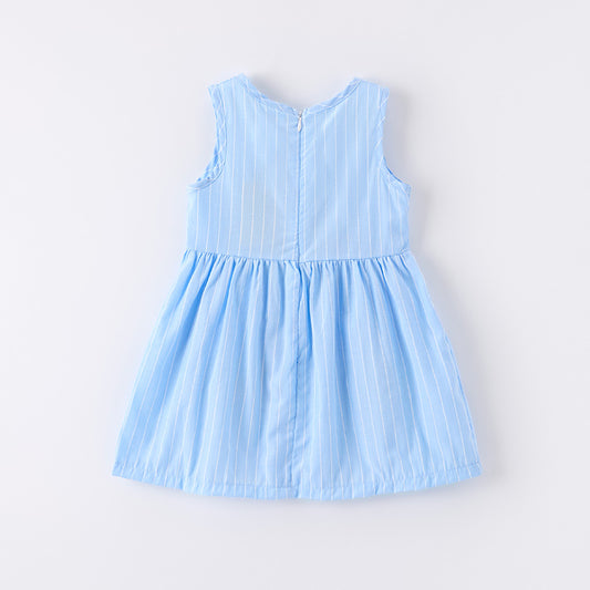 Girls Summer Cherry Embroidered Pocket Blue Stripes Dress