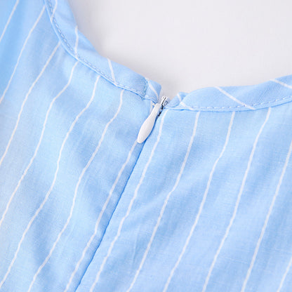Girls Summer Cherry Embroidered Pocket Blue Stripes Dress