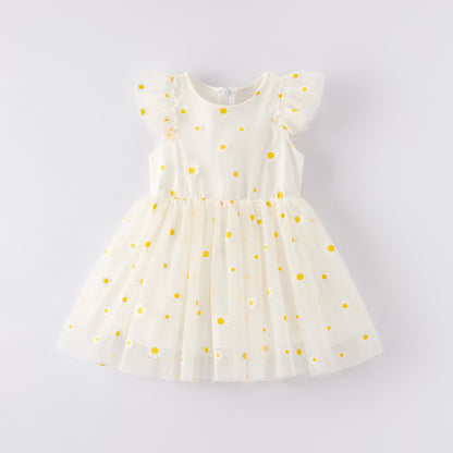 Grils Summer Princess Daisy Flower White Tulle Dress