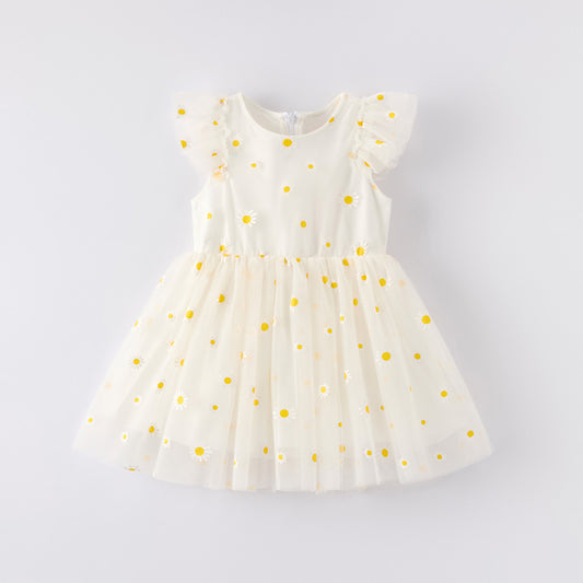 Grils Summer Princess Daisy Flower White Tulle Dress