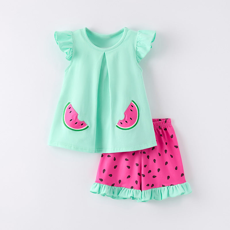 Girls Summer Watermelon Embroidered Teal Hot Pink Short Set