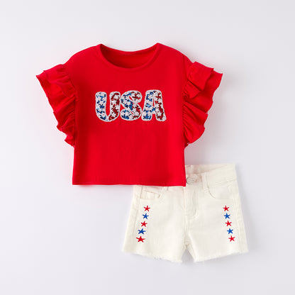 Girls Summer USA sequins July 4th White Denim Short Set