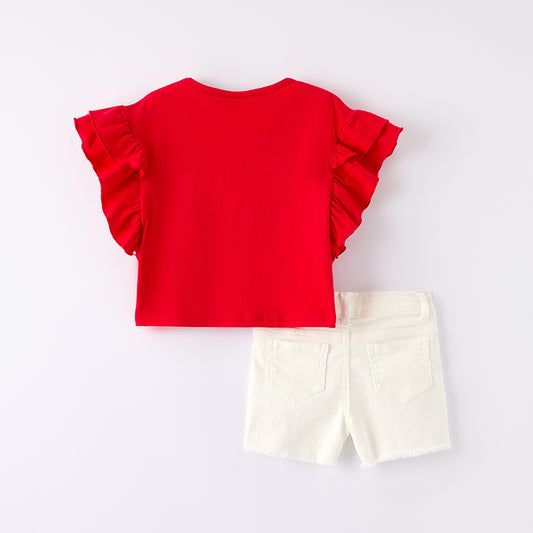 Girls Summer USA sequins July 4th White Denim Short Set